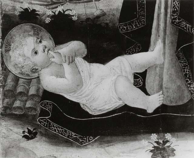 Anonimo — Domenico di Zanobi - sec. XV - Madonna in adorazione del Bambino con san Giovannino; Annuncio ai pastori — particolare